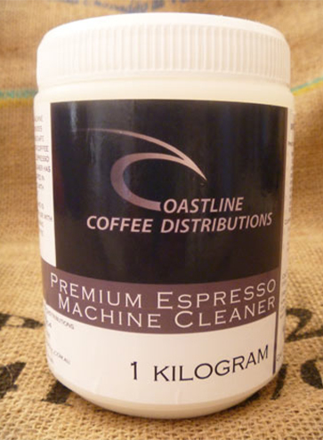 a white plastic container with a black label of coffee premium machine cleaner